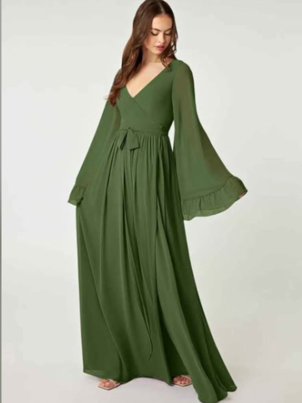 Azazie Tiphanie Olive Chiffon A-Line Maxi Dress A22 Bridesmaid Formal BNWOT